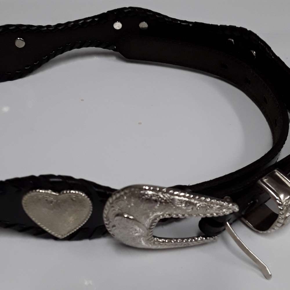 Western Black Leather Silver Heart Conchos Belt L